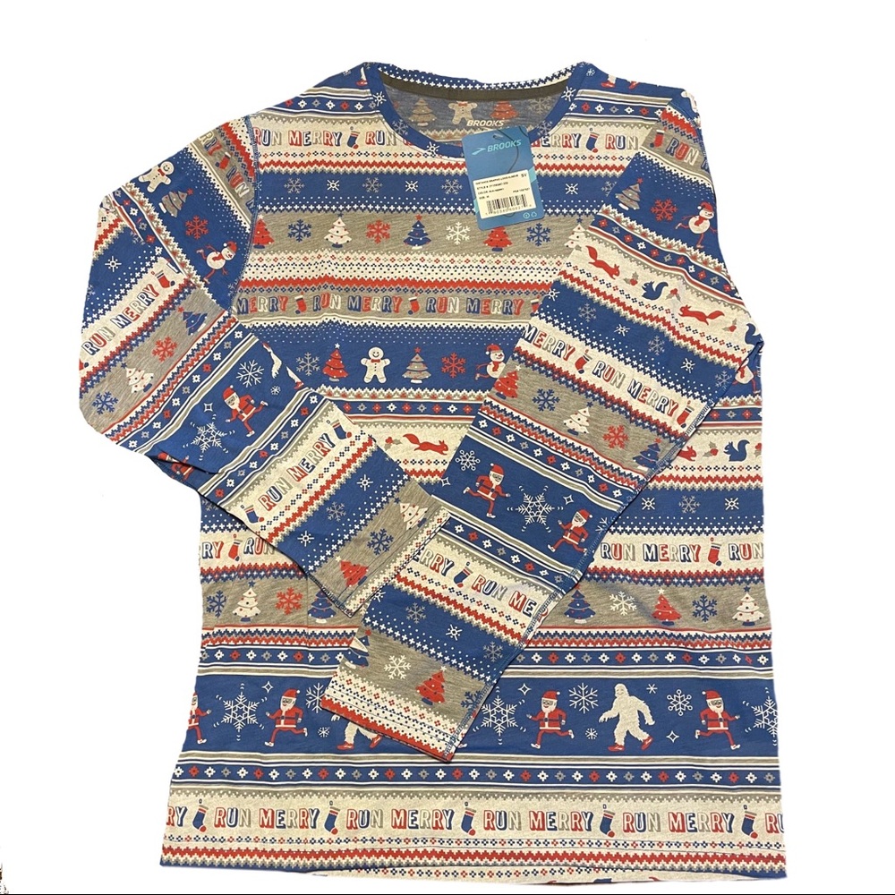 Brooks Distance Christmas Graphic Long Sleeve Santa Snowmen Blue Red